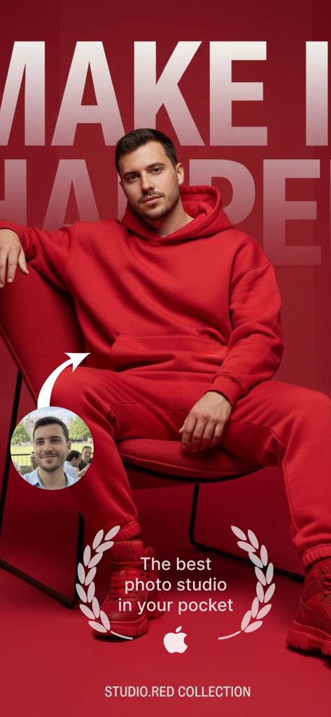 Bose - AI Photo Generator - Bose AI app transforming a casual selfie into a professional studio portrait with a red aesthetic