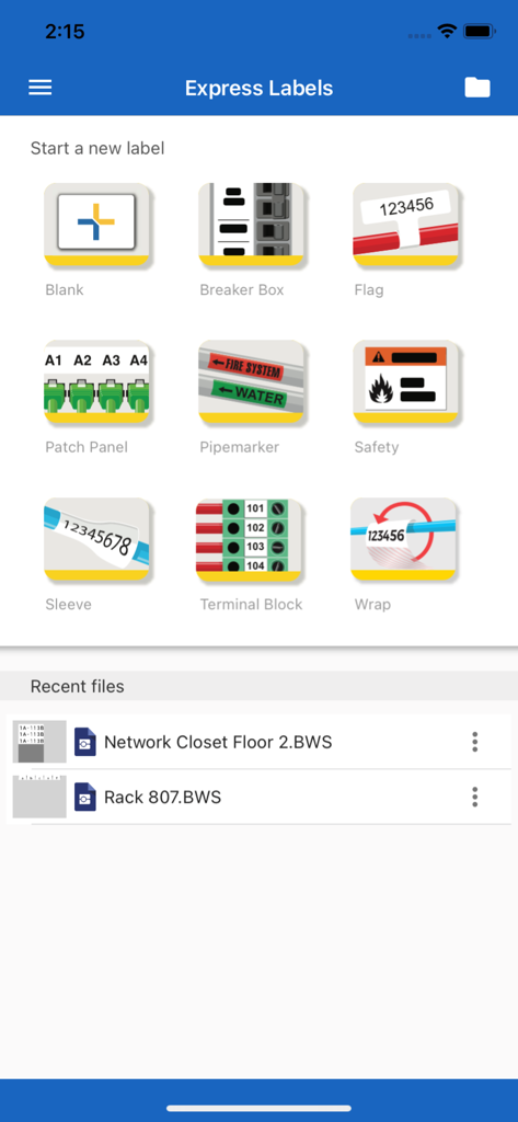 Brady Express Labels - Brady Express Labels app interface showing various industrial label templates and recent project files.