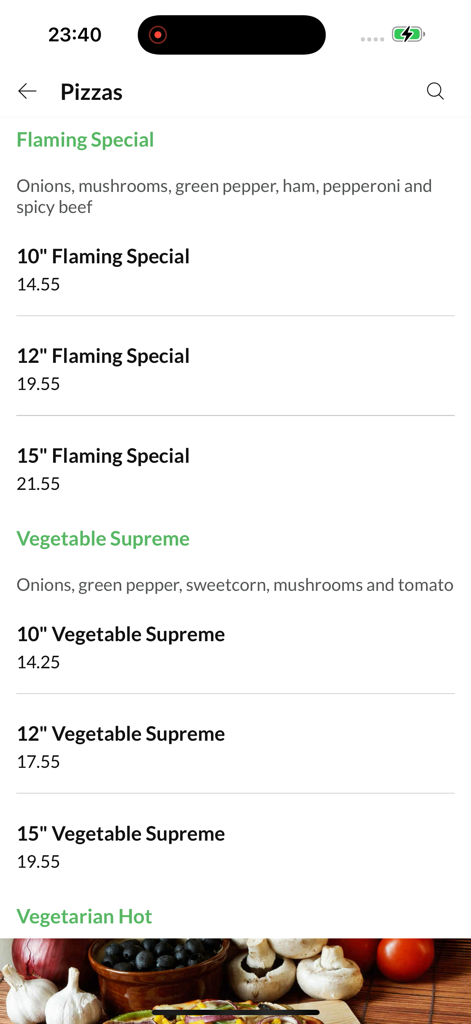 Flaming House Hemel - A pizza menu screen in the Flaming House app showing various pizza sizes and prices