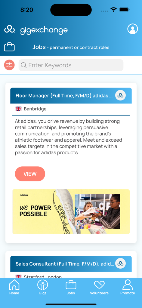 gigexchange - gigexchange app interface showing a retail floor manager job listing for adidas