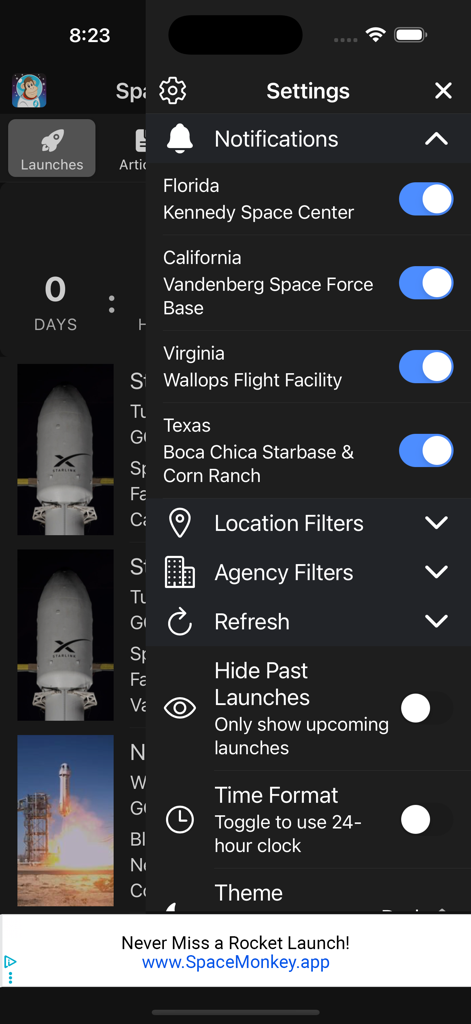 Space Launch Schedule - ロケット打ち上げ通知とフィルターの設定画面。