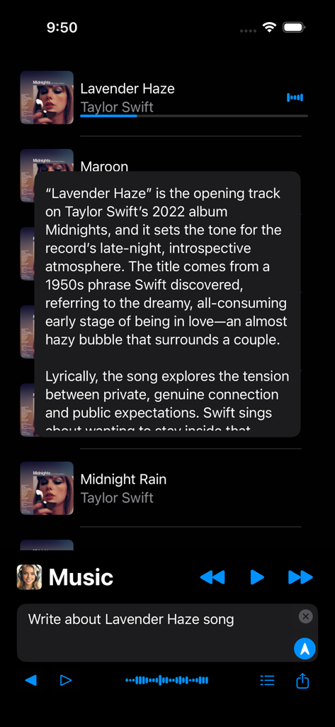 AI-Jukebox - AI-Jukebox interface showing an AI-generated description of the song Lavender Haze by Taylor Swift.