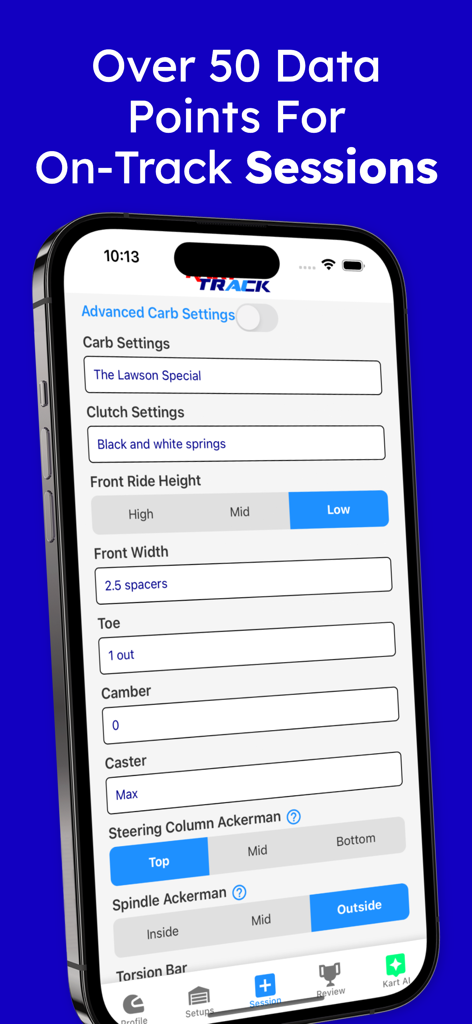 Kart Track app mostrando parámetros técnicos de configuración para sesiones de karting incluyendo ajustes de carburador y embrague