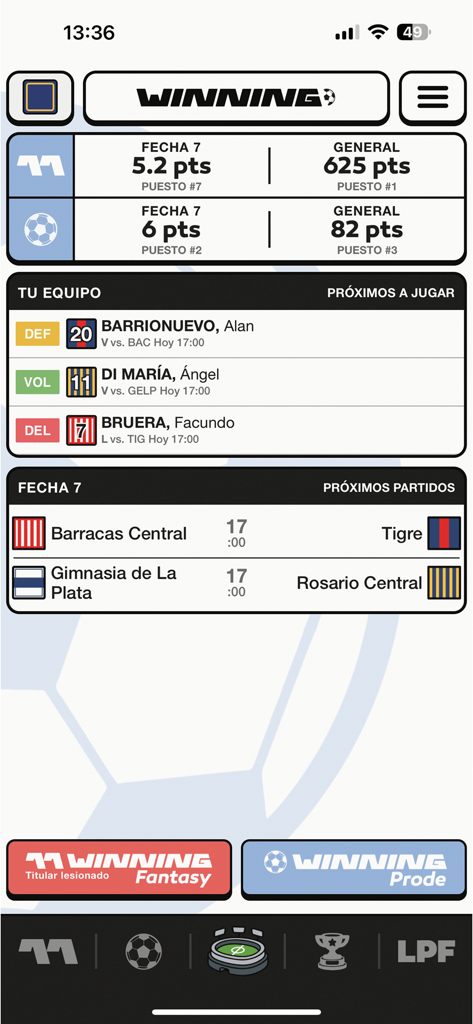 Winning Argentina - Winning Argentina mobile app screen showing fantasy soccer team lineup and match points