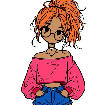 girl with a messy ponytail glasses a baggy crop top and jean shorts