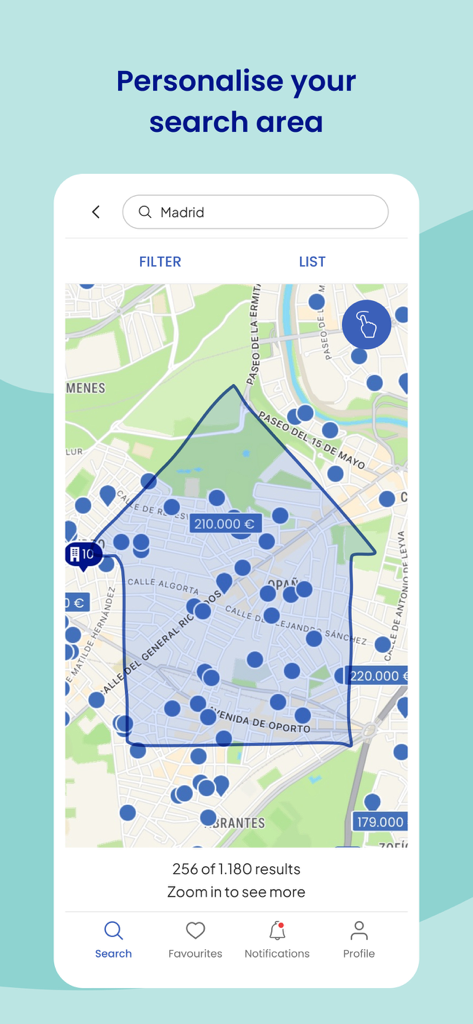 Mobile app interface showing a personalized map search for properties in Madrid