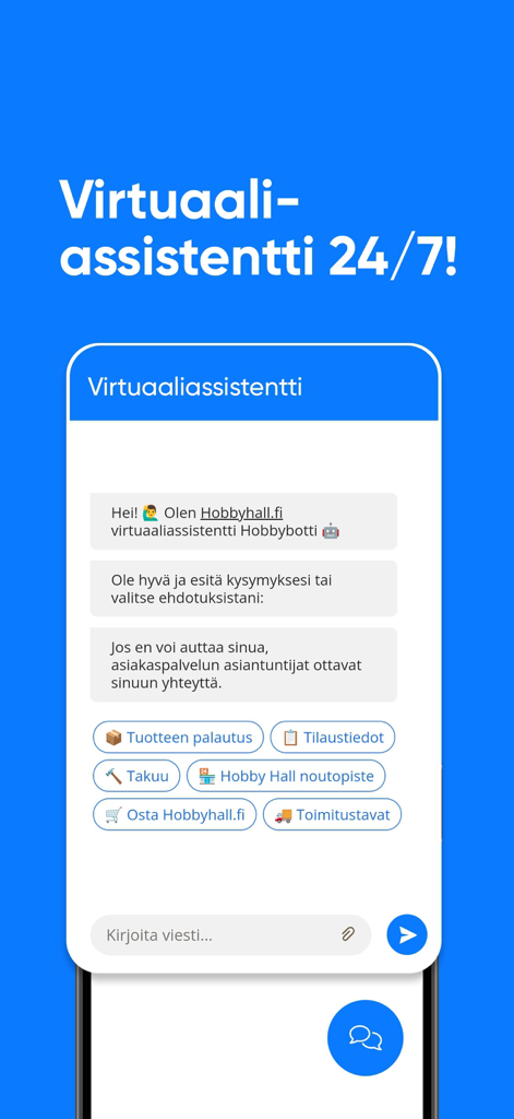 Hobbyhall.fi verkkokauppa - Hobbyhall mobile app virtual assistant screen showing a customer service chatbot interface