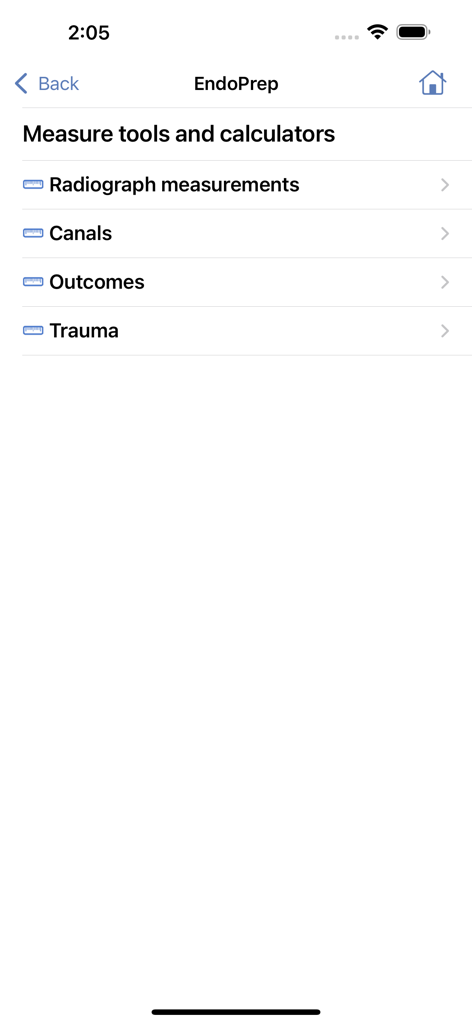 EndoPrep - EndoPrep app menu showing clinical measurement tools and calculators for endodontic procedures