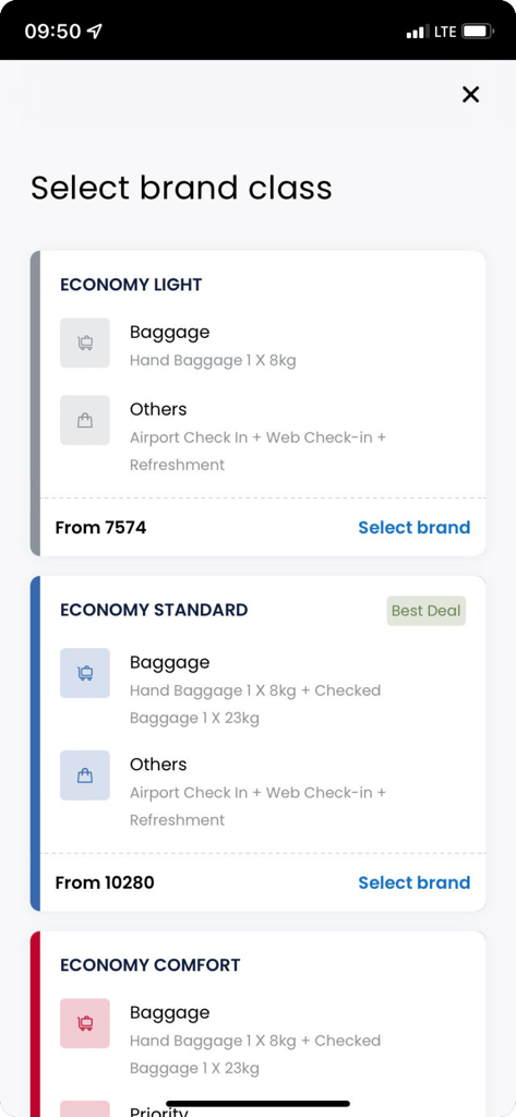 Air Serbia mobile app screen for selecting economy brand classes including light standard and comfort options