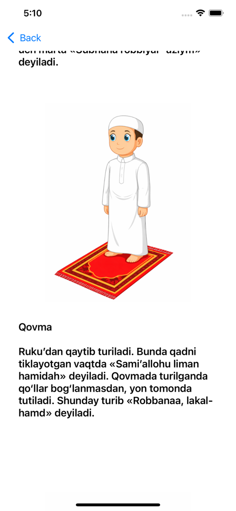 An illustration of a boy performing the Qovma prayer posture with instructions in Uzbek.