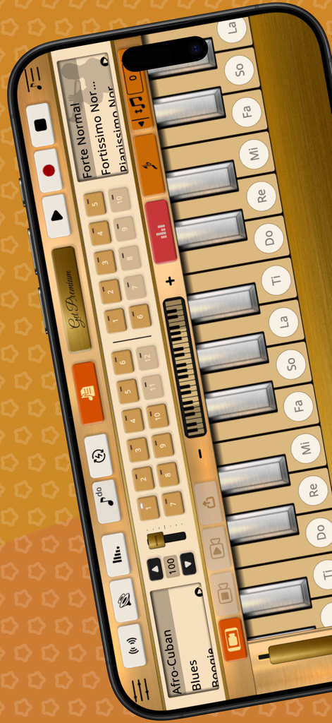 Interfaz principal de la aplicación Trumpet Sim con un teclado musical y controles de reproducción avanzados