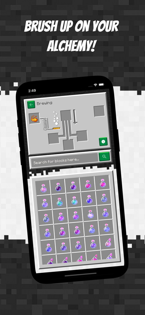 Guide for Minecraft Ultimate - A mobile app interface showing a Minecraft brewing stand and a grid of various colored potions for alchemy recipes.
