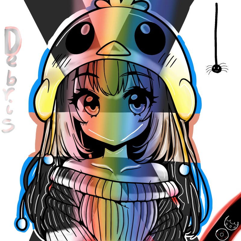 anime girl with chick shaped hat with sweater with bare shoulders with bangs covering them one eye with low tail