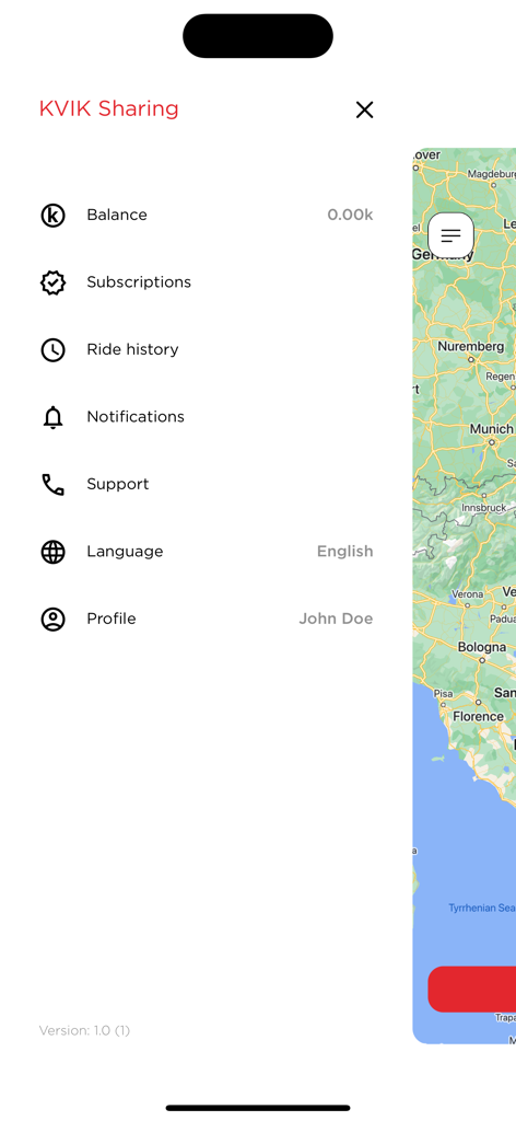 KVIK Sharing - The side menu interface of the KVIK Sharing app showing sections for balance, ride history, and user profile settings.