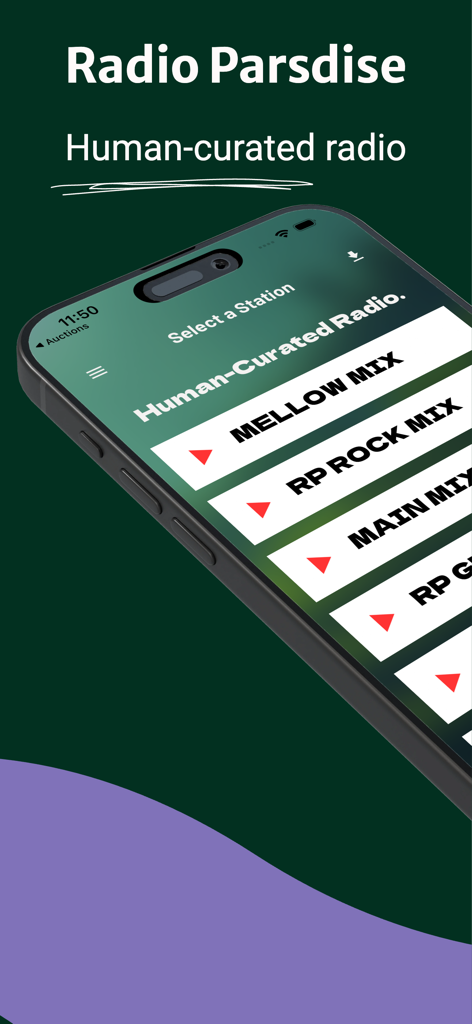 Radio Paradise - Aplicación Radio Paradise que muestra una selección de estaciones de radio curadas por humanos en un smartphone
