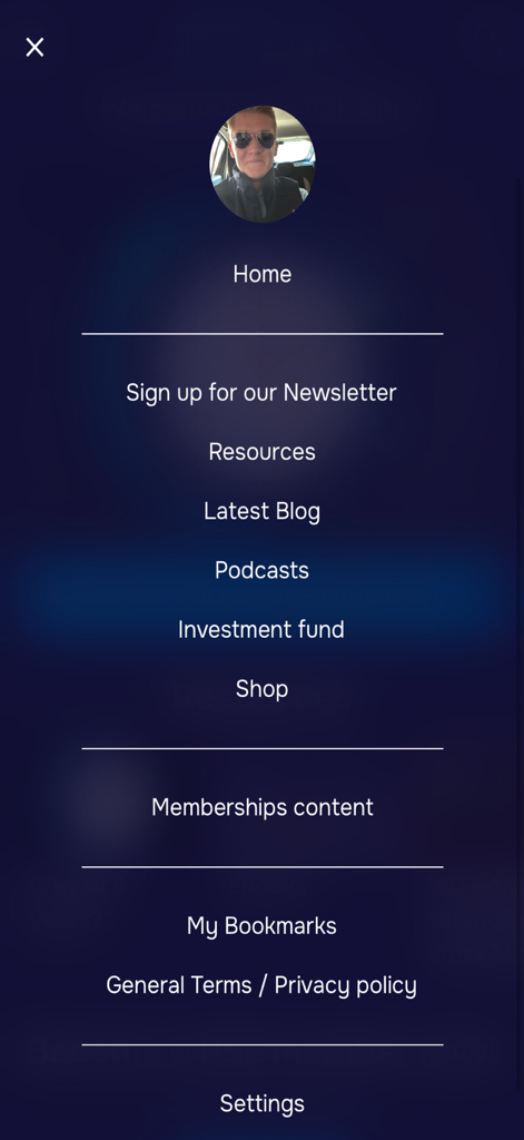PSE - Navigation menu of the PSE app with links to resources podcasts and membership content