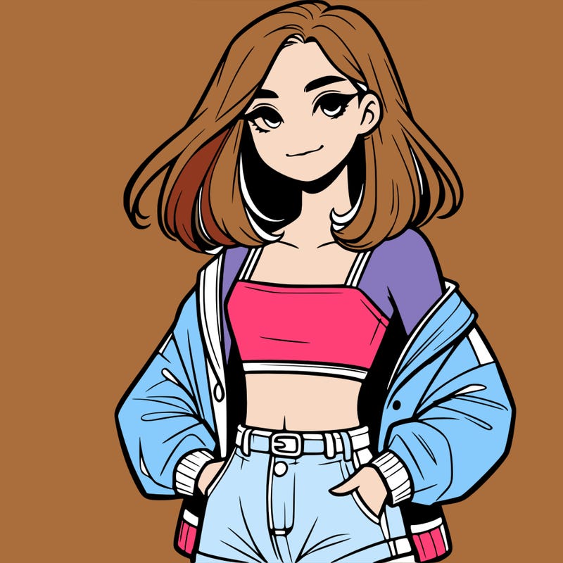 a realistic girl with a crop top and short shorts in an open jacket