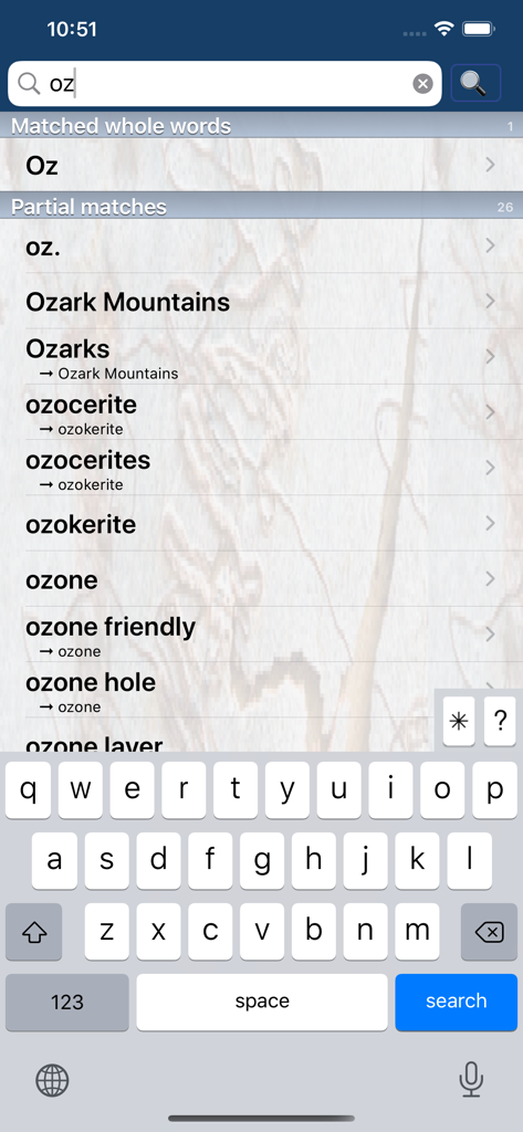 A search interface within the Australian Oxford Dictionary app displaying a list of matched words for the term oz