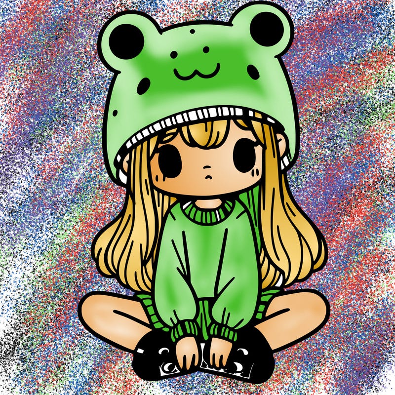 a girl wearing a frog hat and some frog socks