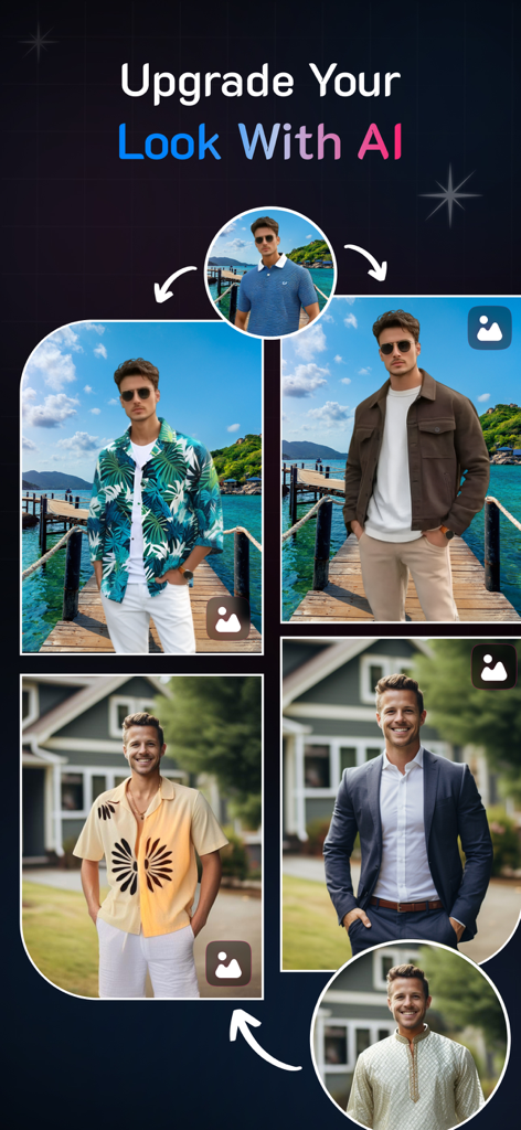 Clothes Changer: Try On Outfit - Interfaz de la aplicación de IA que muestra transformaciones de atuendos virtuales para hombres, desde camisas casuales hasta trajes de negocios profesionales.