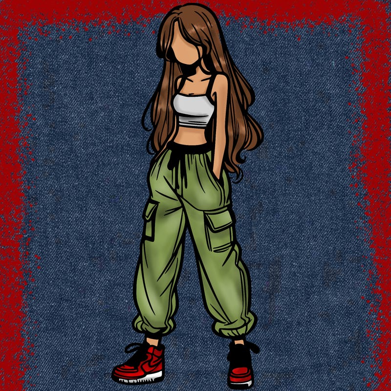 girl in baggy pants crop top and long hair