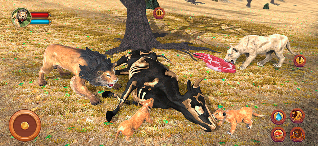 Un león macho con una leona y dos cachorros comiendo una presa en un entorno de safari en 3D