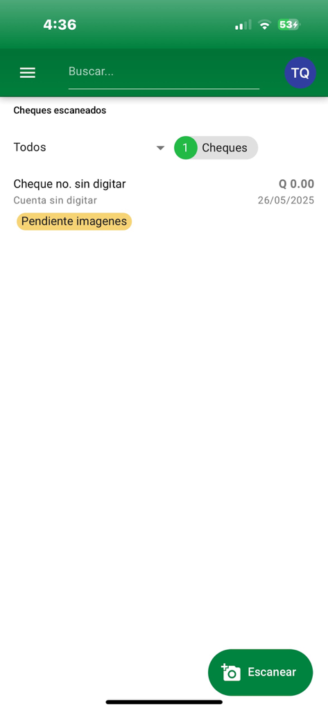 Cheques - Caja Banrural - Mobile app screen for digitizing checks showing a scanned item and a scan button