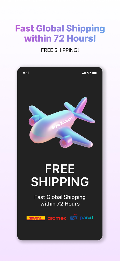 StyleKorean - StyleKorean app promotional screen advertising free global shipping within 72 hours with a 3D airplane graphic