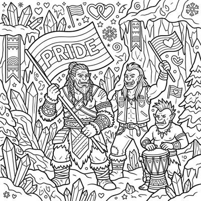 Step into a world where mighty Frost Orcs embrace love and diversity in this special Pride Month coloring page. This unique illustration combines rugged fantasy with the joyous spirit of celebration, offering a truly engaging artistic journey.
