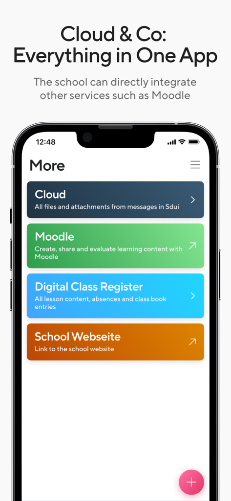 Sdui - Smartphone screen displaying Sdui app features including Cloud storage, Moodle integration, and Digital Class Register
