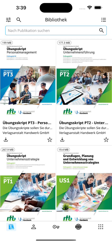 Betriebswirt HwO - Un'interfaccia di libreria digitale all'interno dell'app Betriebswirt HwO che mostra vari script di formazione sulla gestione aziendale per maestri artigiani.