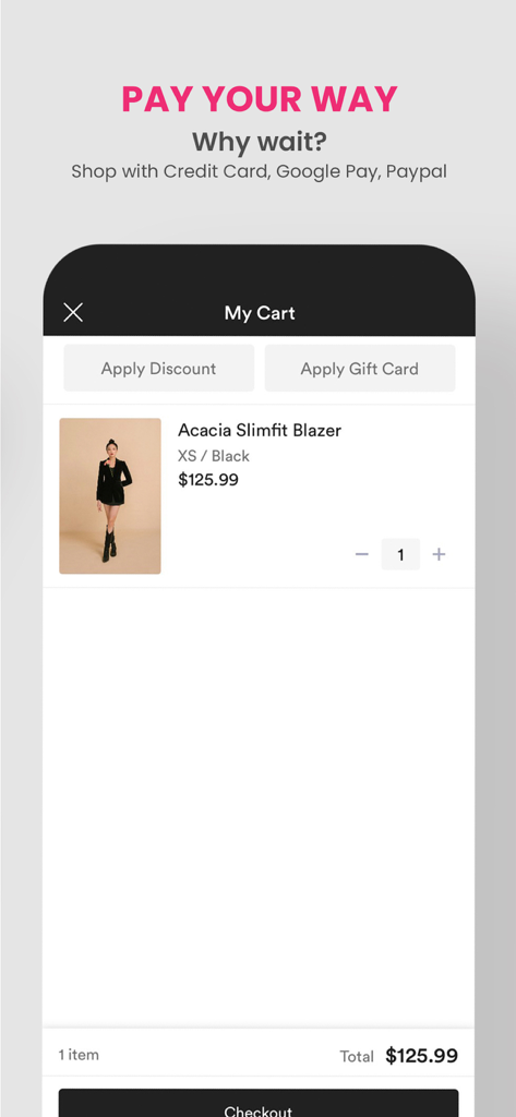 MEAN BLVD - MEAN BLVDアプリのチェックアウト画面、カート内のブレザーとGoogle PayやPayPalなどの柔軟な支払い方法を表示