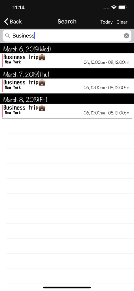 MonCal - MonCal app search screen showing filtered business trip events with location and time details.