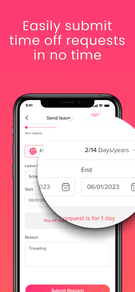 Day Off - Leave Tracker & PTO - A smartphone screen showing a leave request form in the Day Off app