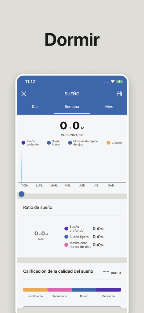 Captura de pantalla del panel de seguimiento del sueño de la aplicación STF Time que muestra los ciclos de sueño y la calificación de calidad