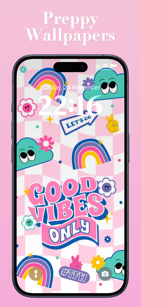 Wallpaper for Girl - Pink Cute - Fondo de pantalla estético rosa preppy en iPhone con el texto Good Vibes Only y gráficos coloridos