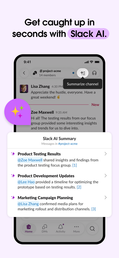 Slack mobile app interface showing AI generated summaries for project channel conversations
