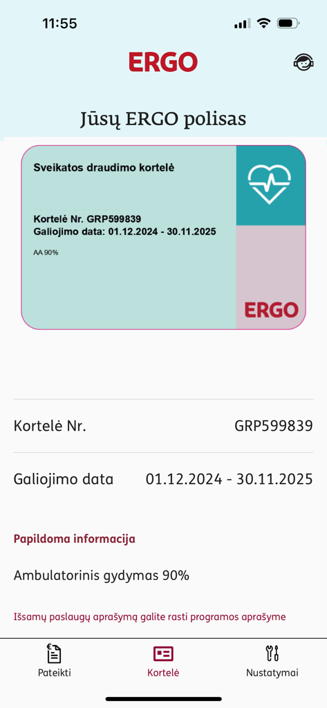 ERGO Lietuva - Digital health insurance card view in the ERGO Lietuva app showing policy number and validity period.