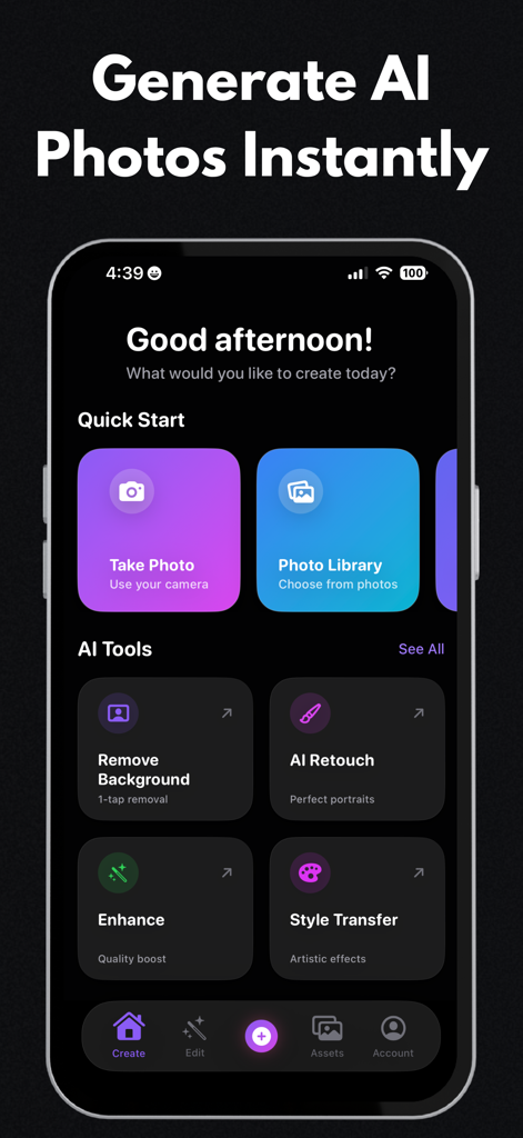 AI Photo Generator & Editor - The home screen of the AI Photo Generator and Editor app showing various AI tools like background removal and retouching.