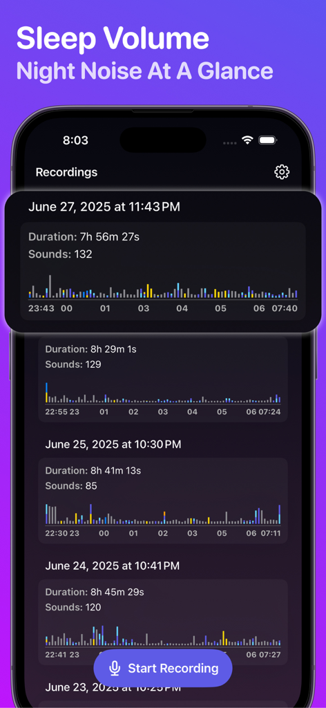 Sleep Recorder - Somnio - Mobile app interface displaying a history of nightly sleep recordings with sound volume levels and duration