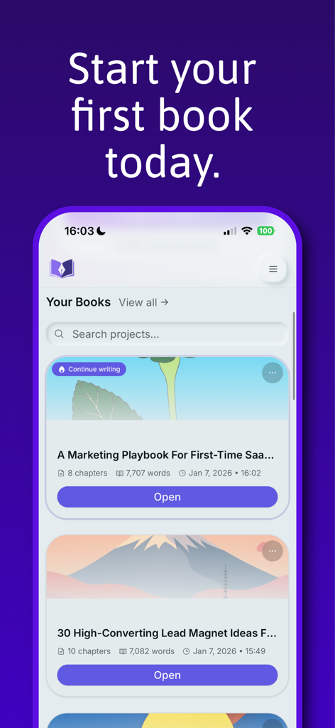 Inkfluence - eBook Maker - Inkfluence app dashboard showing created ebooks and lead magnet projects