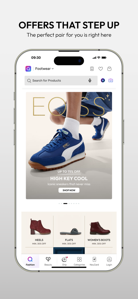 Écran mobile de l'application Tata CLiQ montrant une offre promotionnelle sur les baskets Puma et une sélection de talons, chaussures plates et bottes pour femmes.