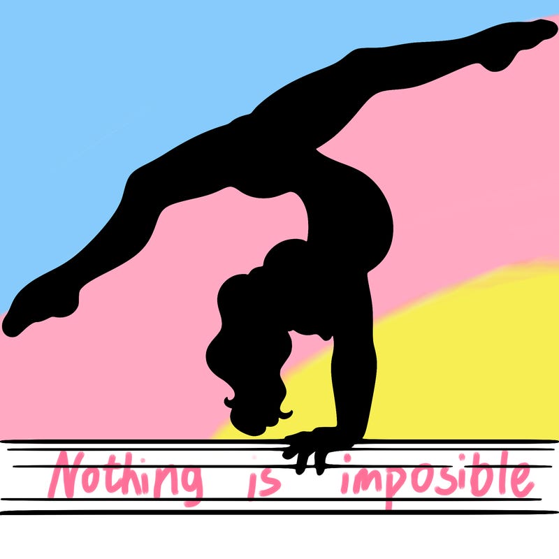 gymnast doing split handstand on a beam