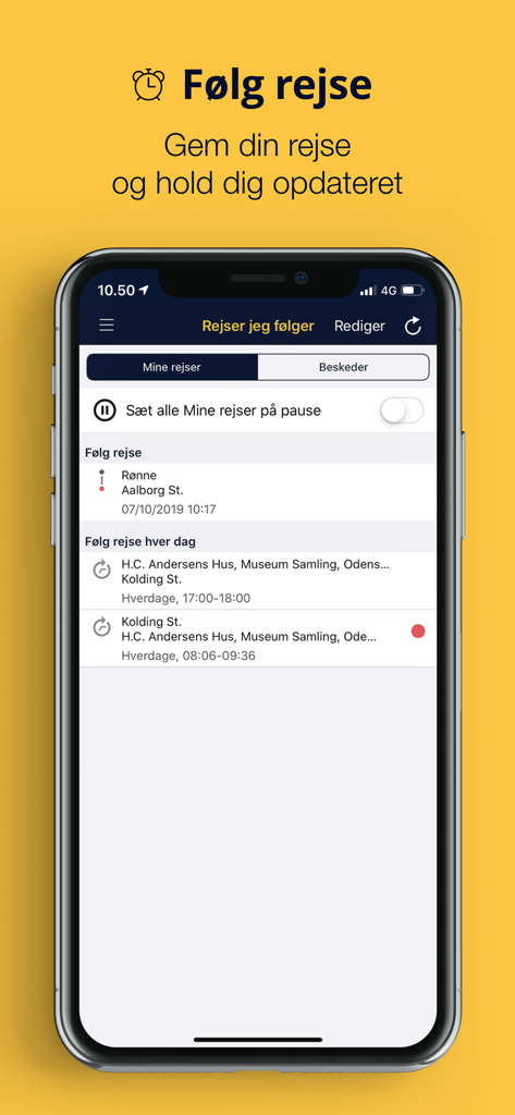 Rejseplanen - Interface de l'application Rejseplanen affichant les itinéraires de transport suivis pour les notifications en temps réel