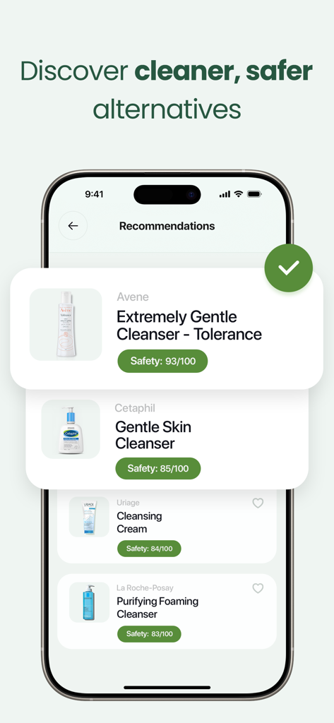OnSkin app interface showing a list of cleaner beauty product alternatives with safety scores
