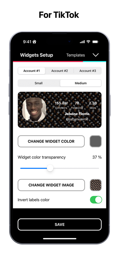 Interface of the TikWidgets app for setting up and customizing a TikTok profile stats widget on an iPhone