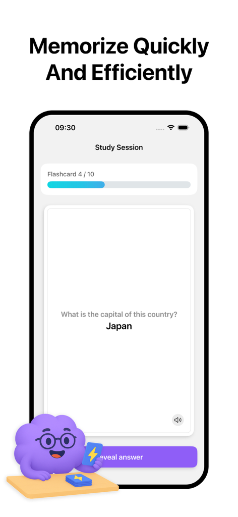 BrainDeck: AI Flashcards - BrainDeck app interface showing a flashcard study session with a question about the capital of Japan.