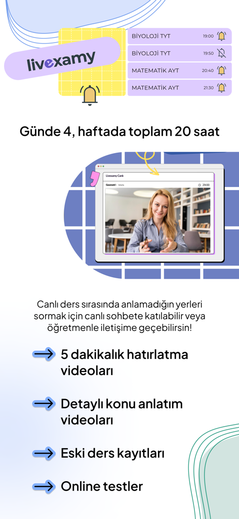 MyExamy - Captura de tela do aplicativo MyExamy mostrando horários de aulas ao vivo, um professor em uma aula por vídeo e recursos educacionais como testes online e vídeos de estudo.