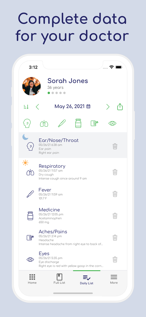 A daily list of health symptoms and medications in the Talli Health app for sharing data with a doctor.