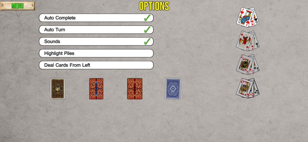 Spider Solitaire 2 HD - Optionsmenü in Spider Solitaire 2 HD mit Spieleinstellungen und Anpassungsmöglichkeiten für Kartendecks